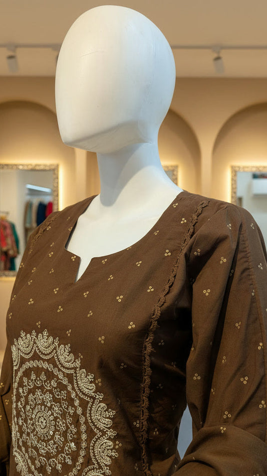 Detailed gold embroidery on brown cotton kurti – ethnic wear