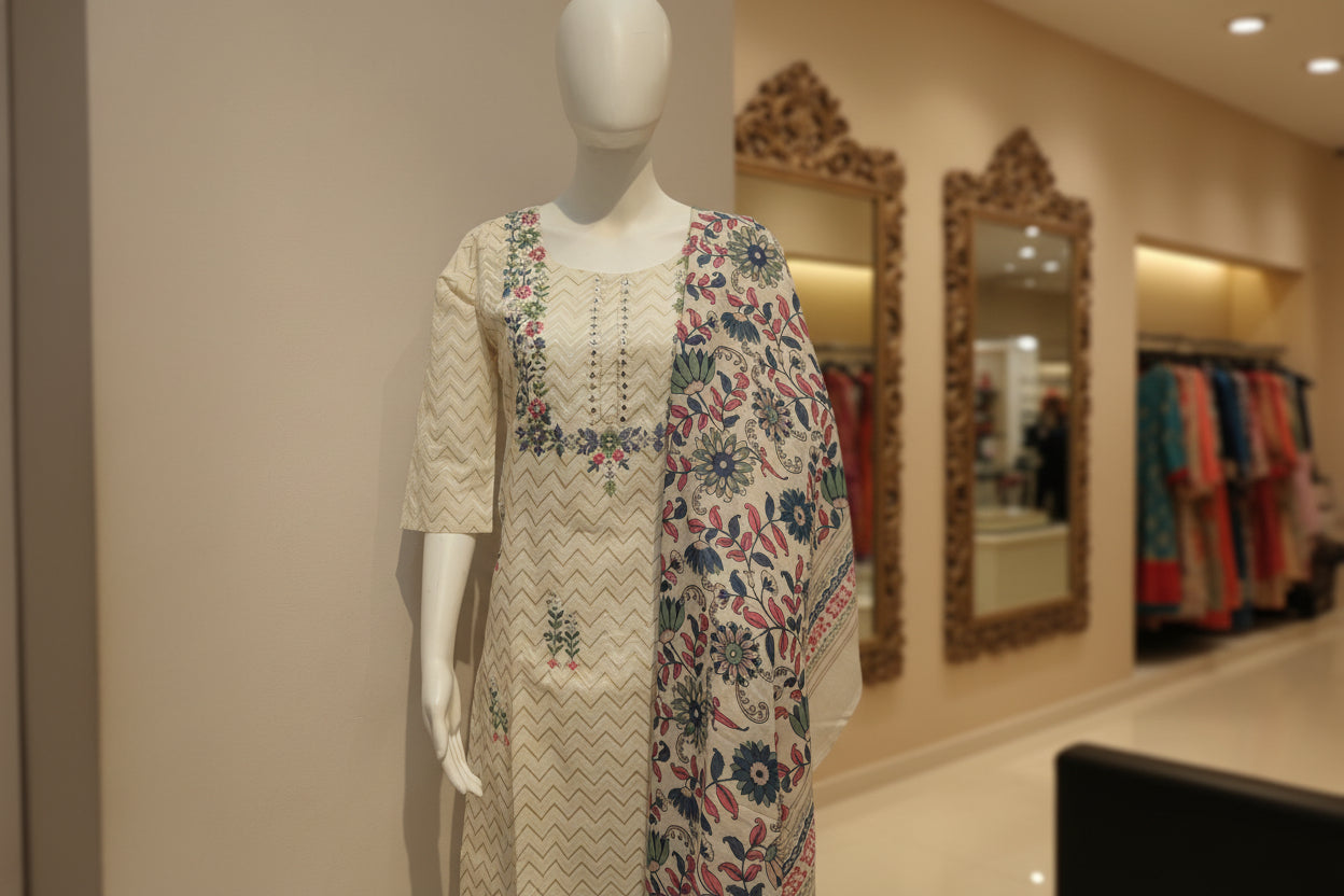 Floral printed dupatta with traditional motifs paired with cream kurta set