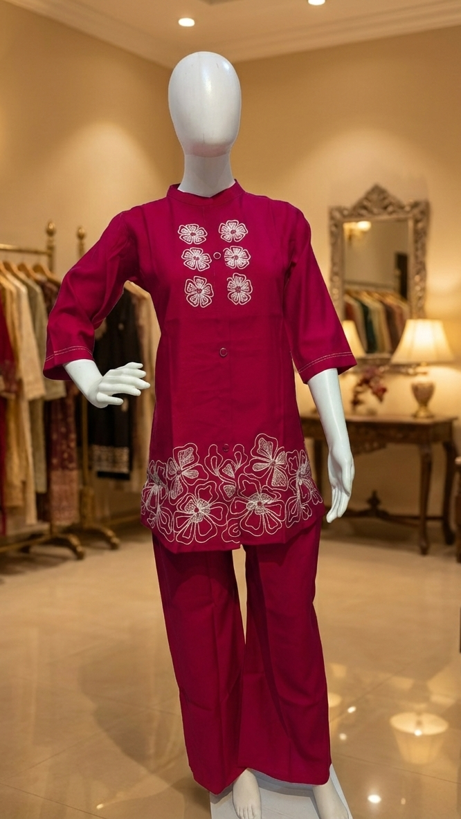 Detailed floral embroidery on kurti hemline Rani Pink ethnic wear – Sanskriti