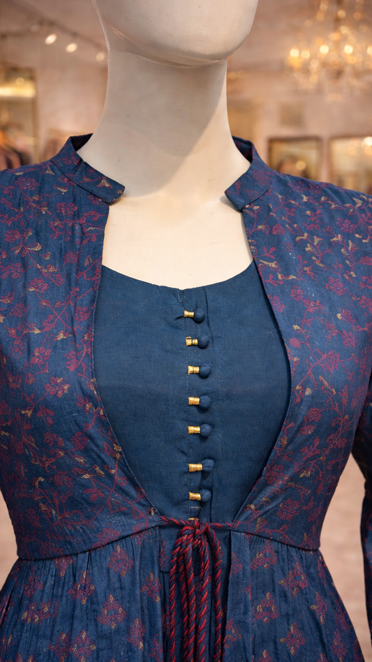 Close-up of teal blue kurti showing fabric buttons and Indo western neckline