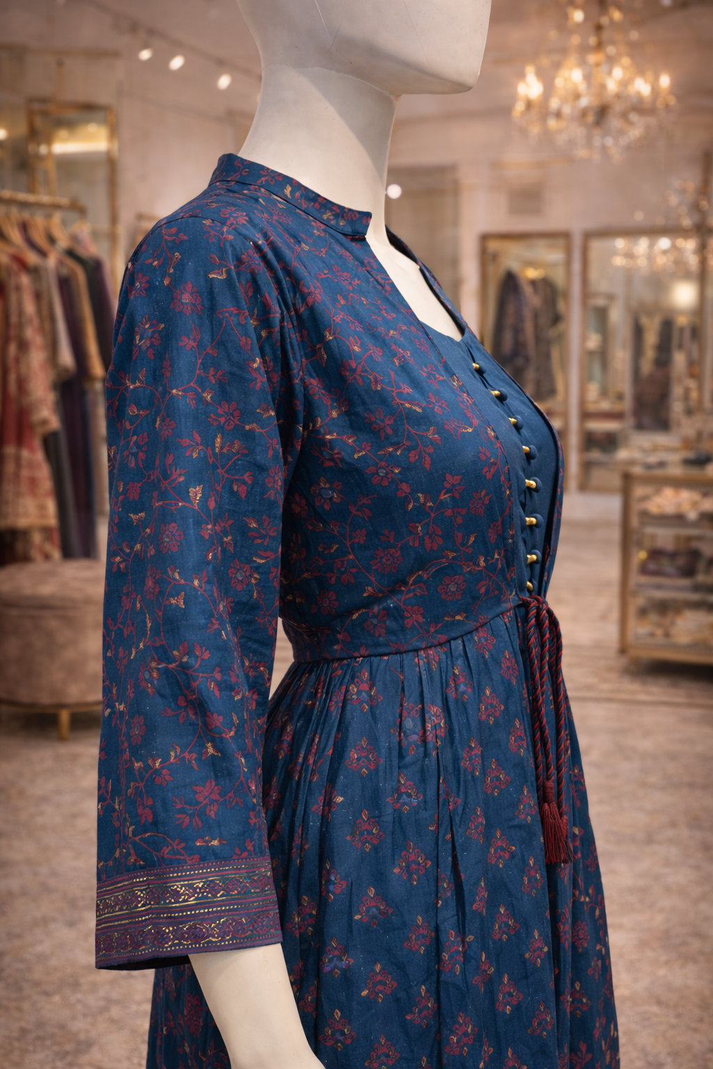 Full length teal blue Indo western kurti displayed in Sanskriti boutique Mumbai