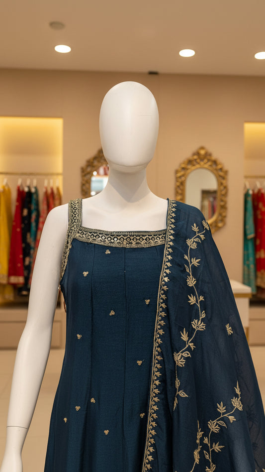 Women’s teal blue ethnic kurti set with golden embroidery and dupatta