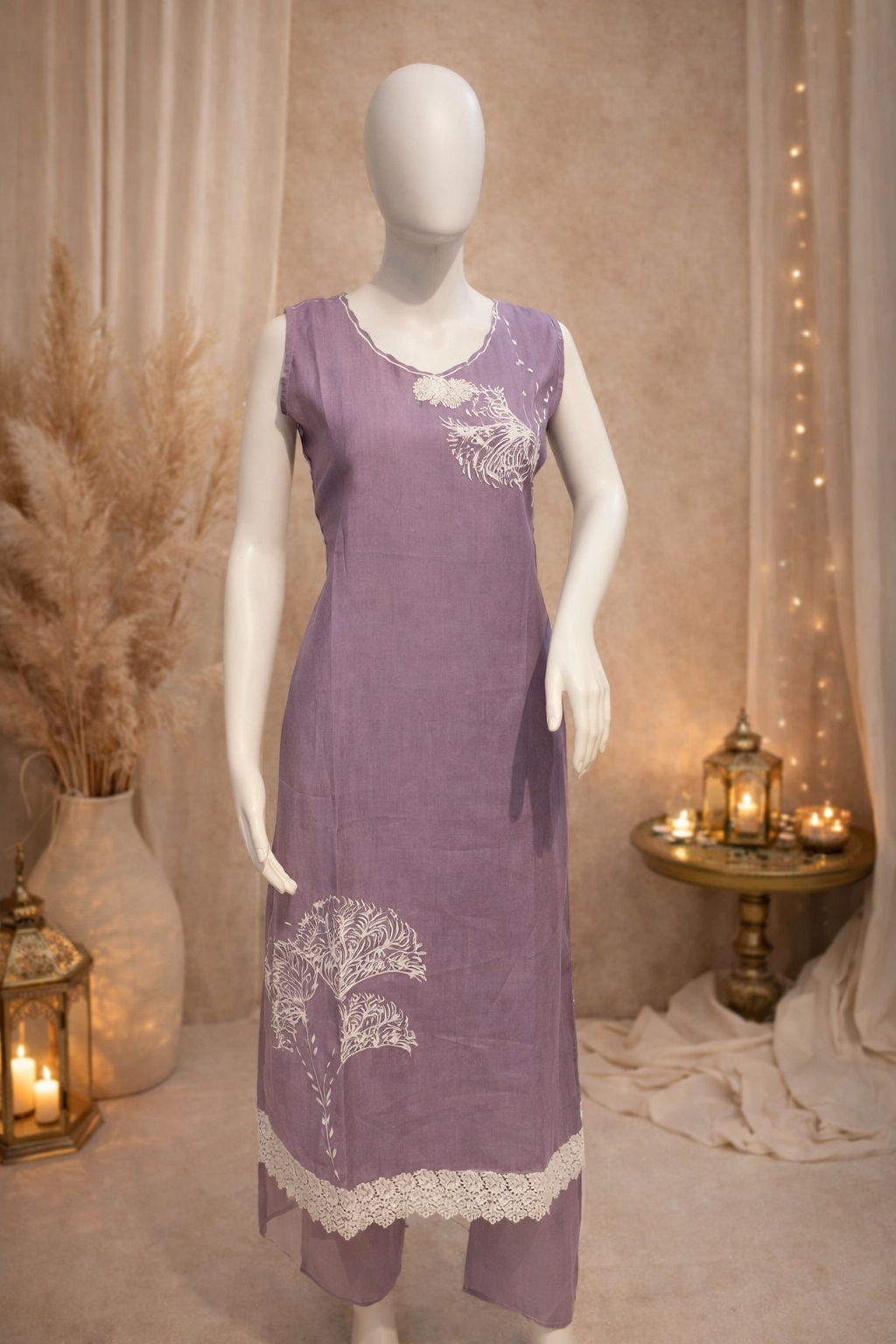 Lavender Sleeveless Kurti Set for Women | Indo-Western Ethnic Wear – Sanskriti