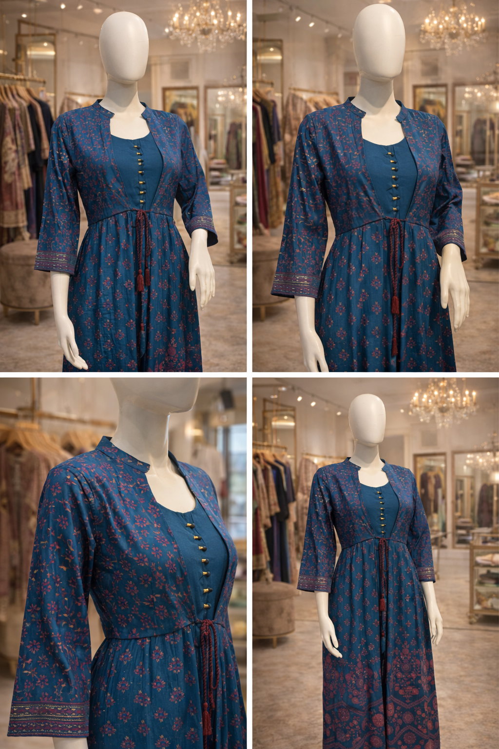 Side view of teal blue printed kurti with three quarter sleeves
