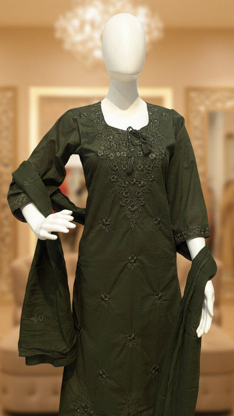 Bottle green Lucknowi embroidered kurta pant set front view