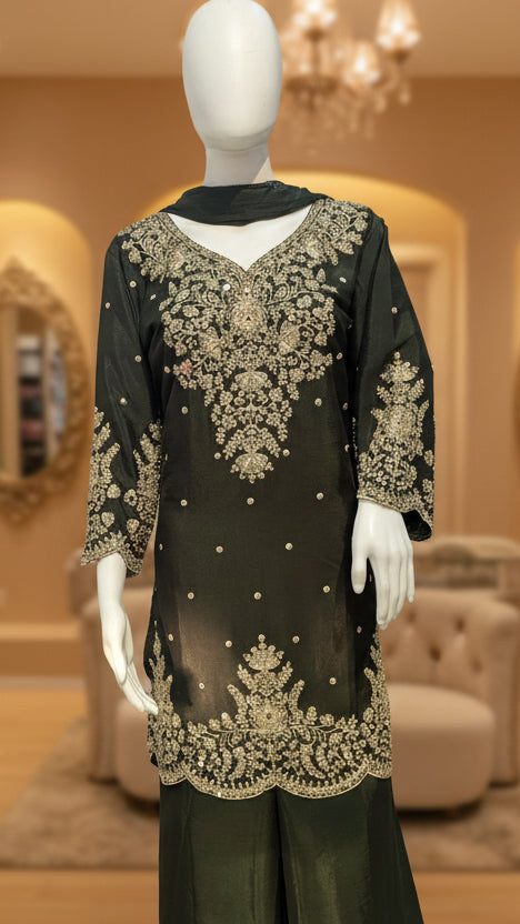 Bottle green embroidered kurta palazzo suit set with gold thread work
