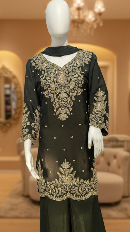 Bottle green embroidered kurta palazzo suit set with gold thread work