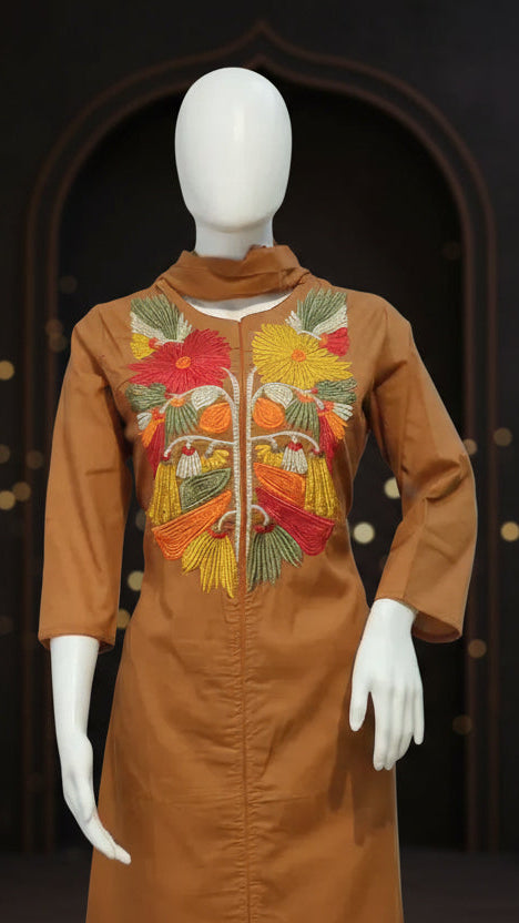 Brown embroidered women’s kurti with colorful floral thread work, Indo-Western ethnic wear by Sanskriti Mumbai