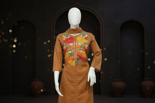 Brown embroidered women’s kurti with colorful floral thread work, Indo-Western ethnic wear by Sanskriti Mumbai