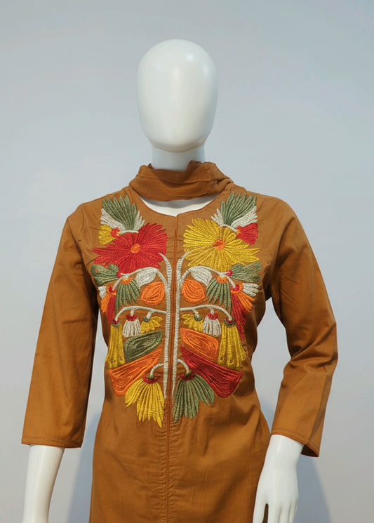 Women’s brown kurti with multicolor floral embroidery, traditional Indian wear