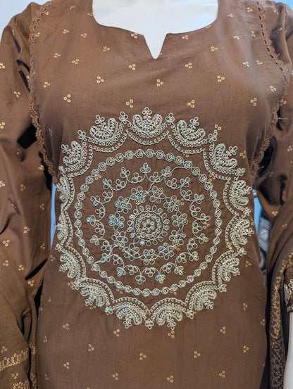 Brown cotton kurti with embroidered sleeves and dupatta