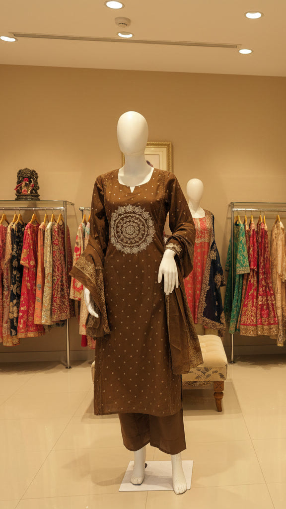 Brown embroidered cotton kurti set with dupatta for women – Sanskriti