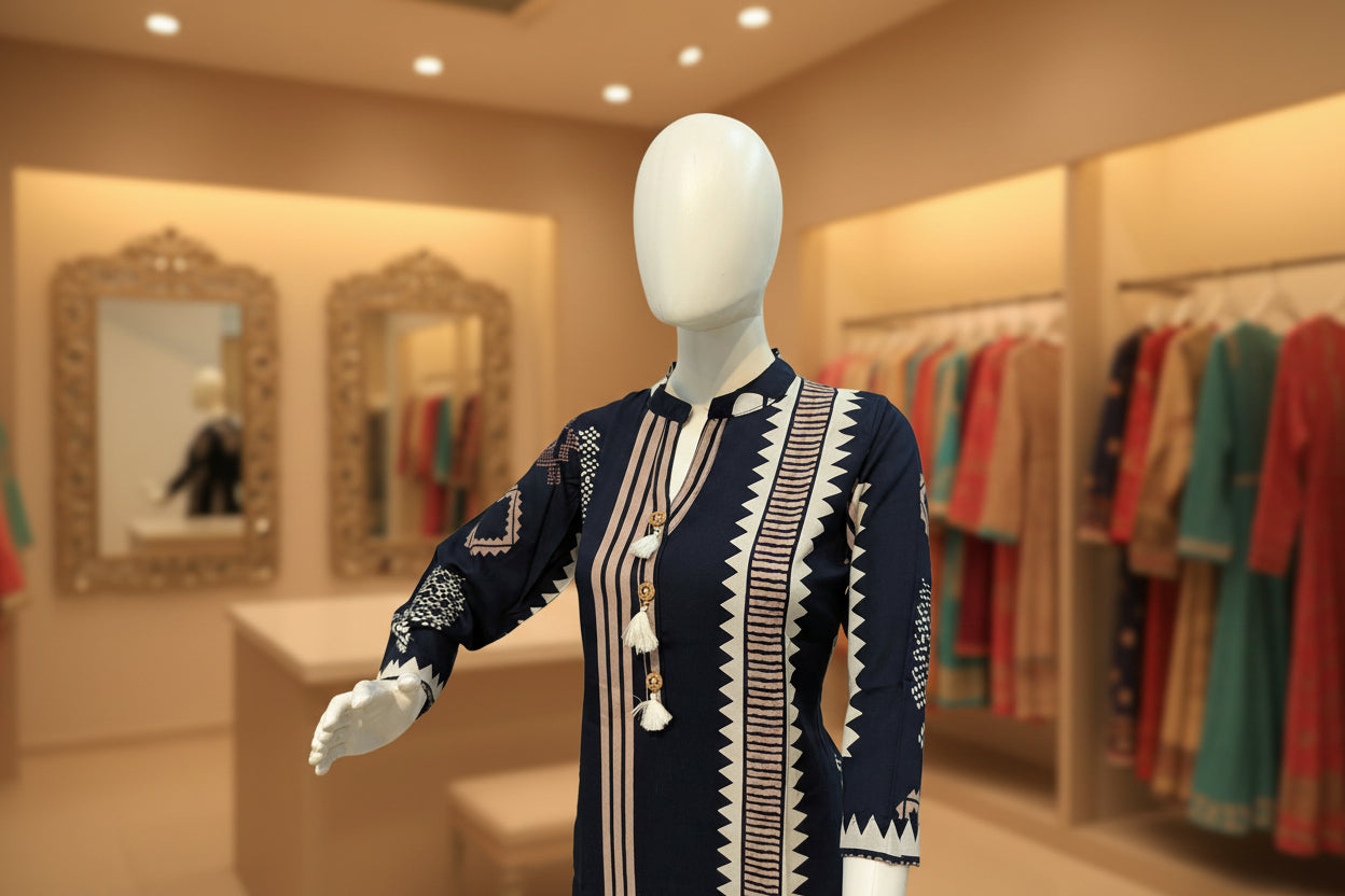 Mannequin wearing a navy blue and beige patterned dress with tassel details against a white background