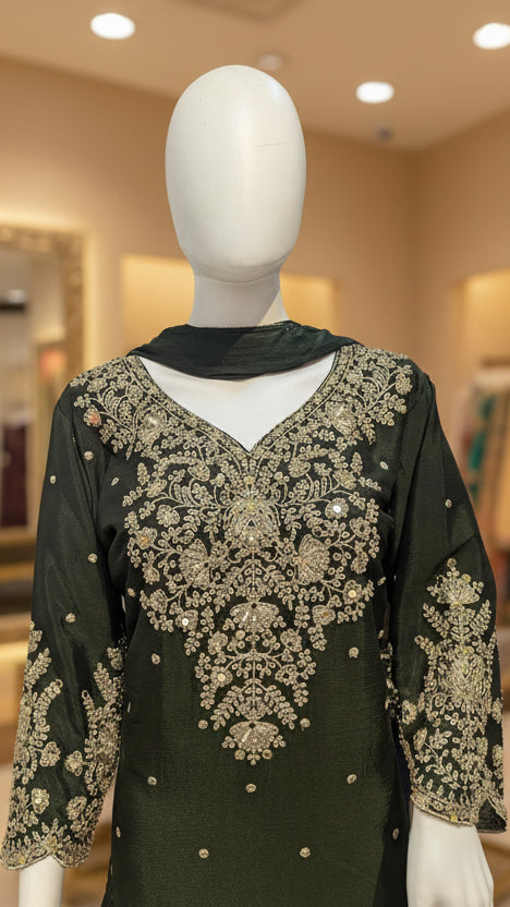 Close up of gold embroidery on bottle green kurta neckline
