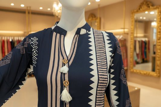 Black kurti neckline with beige print and decorative tassel buttons for women