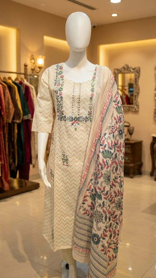 Cream zigzag embroidered kurta set with floral printed dupatta for women