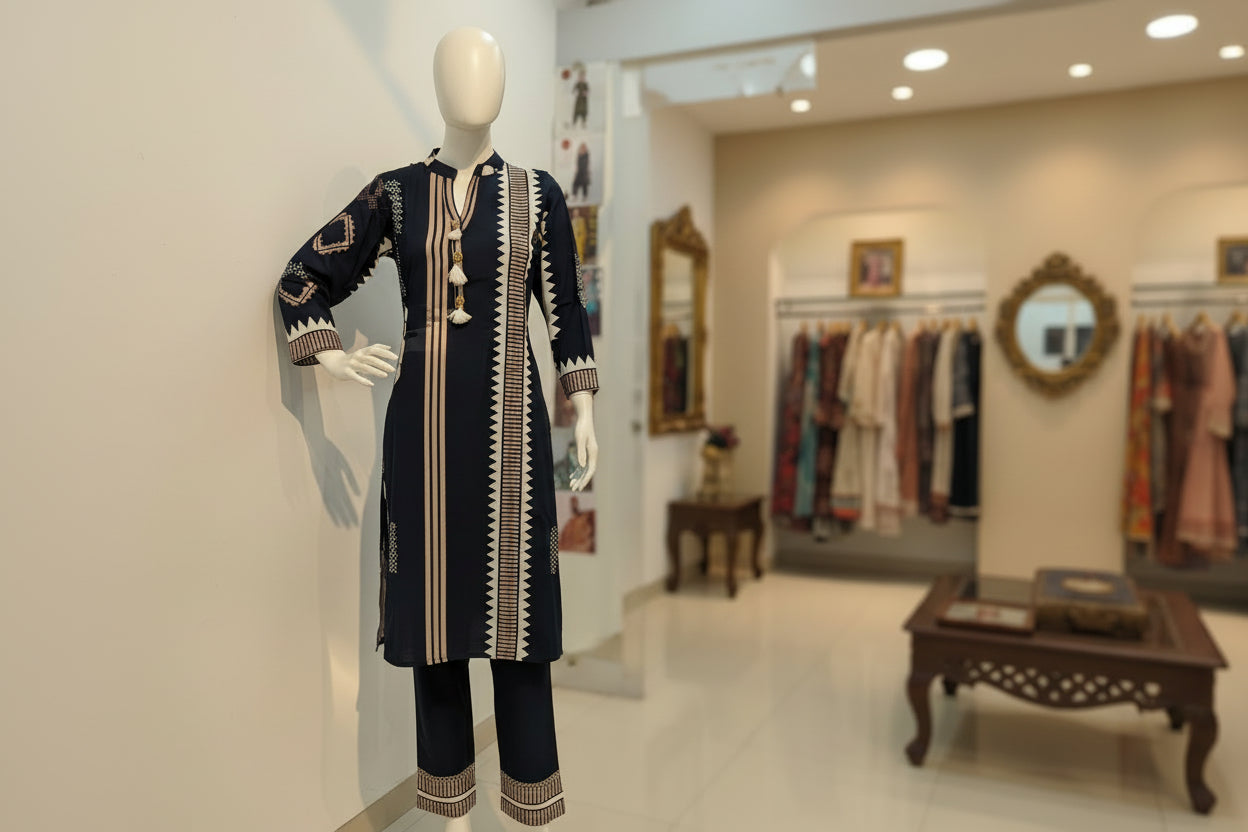 Close-up of black and beige printed cotton kurti fabric with ethnic design