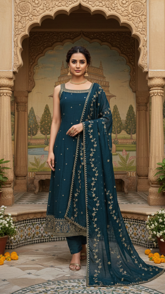 Teal blue embroidered kurti set with dupatta for women – festive ethnic wear by Sanskriti
