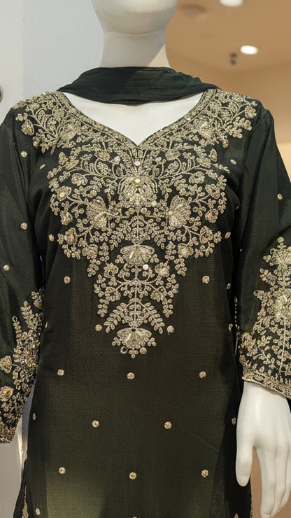 Festive dark green kurta set with heavy embroidery and palazzo pants