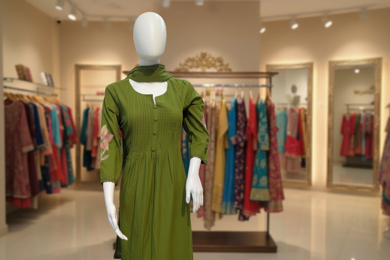 Green Indo-Western kurti for women with elegant embroidery – boutique ethnic wear by Sanskriti