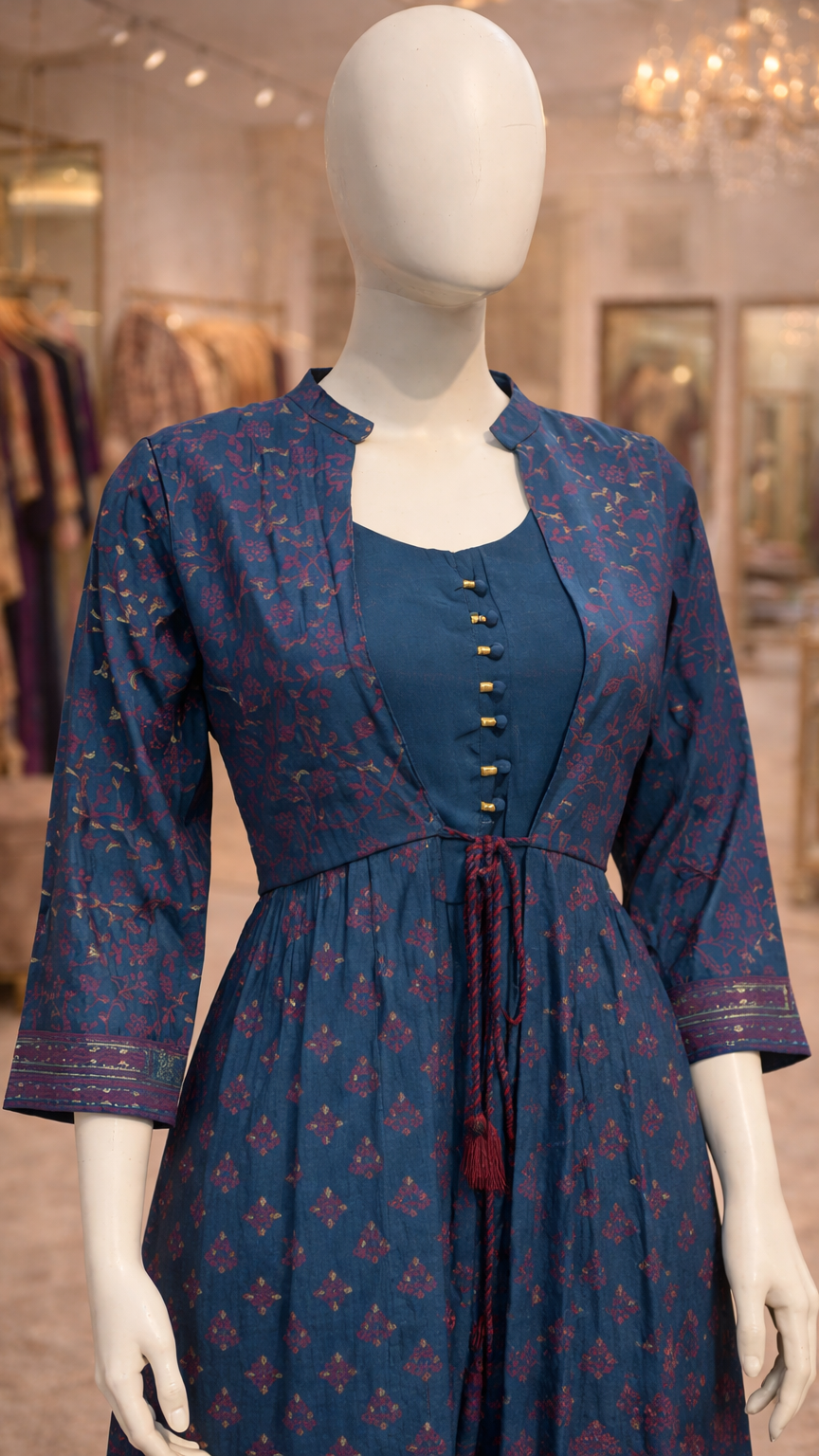 Teal blue printed Indo western kurti with jacket for women by Sanskriti Mumbai
