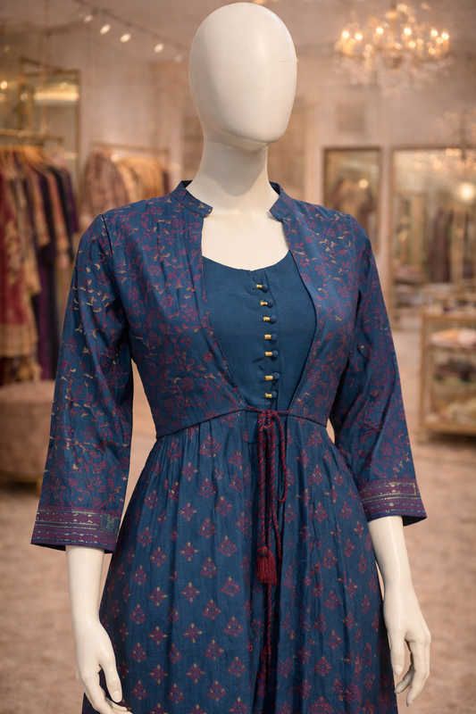 Teal blue printed Indo western kurti with jacket for women by Sanskriti Mumbai

