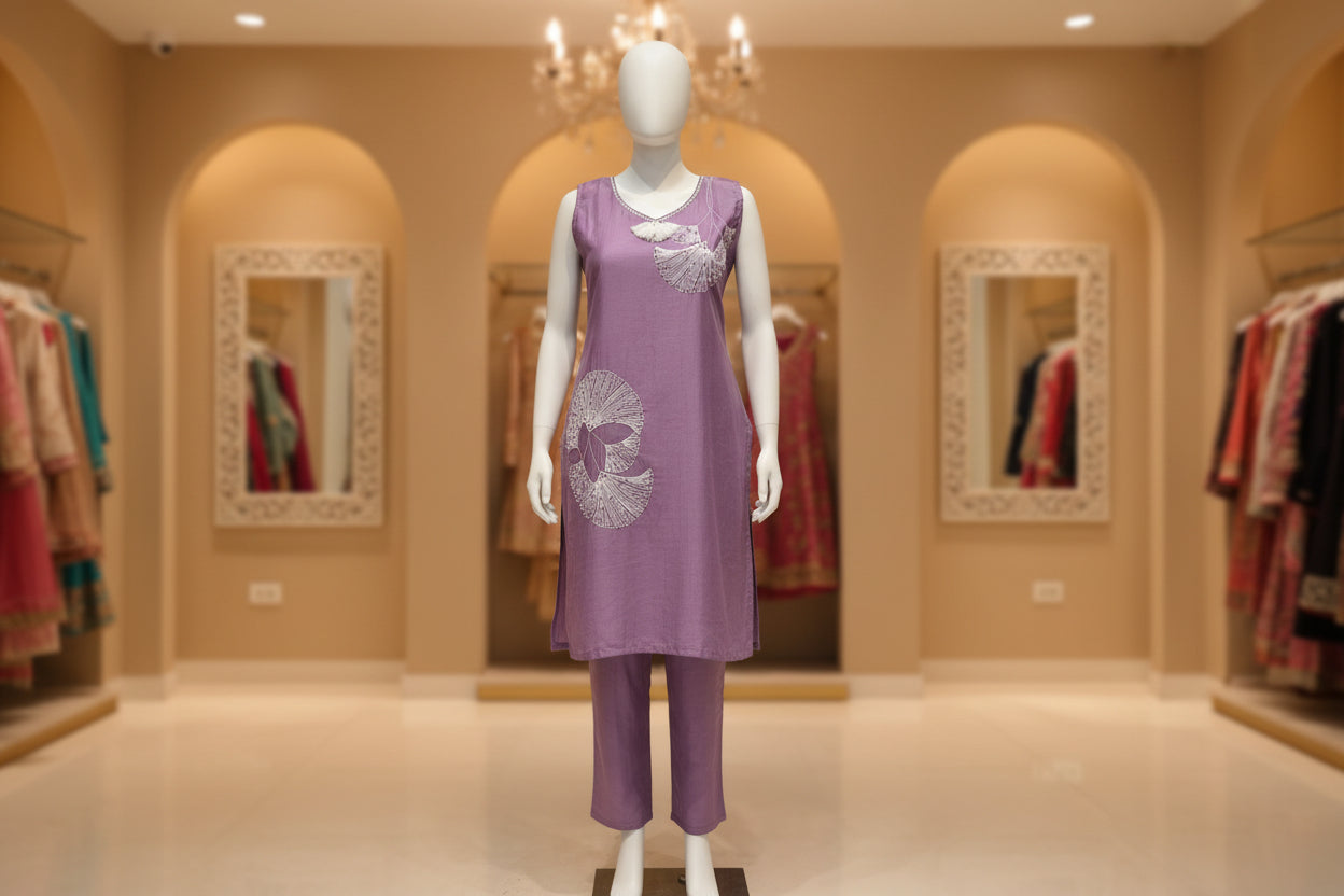 Purple top with white embroidery on a mannequin against a plain background