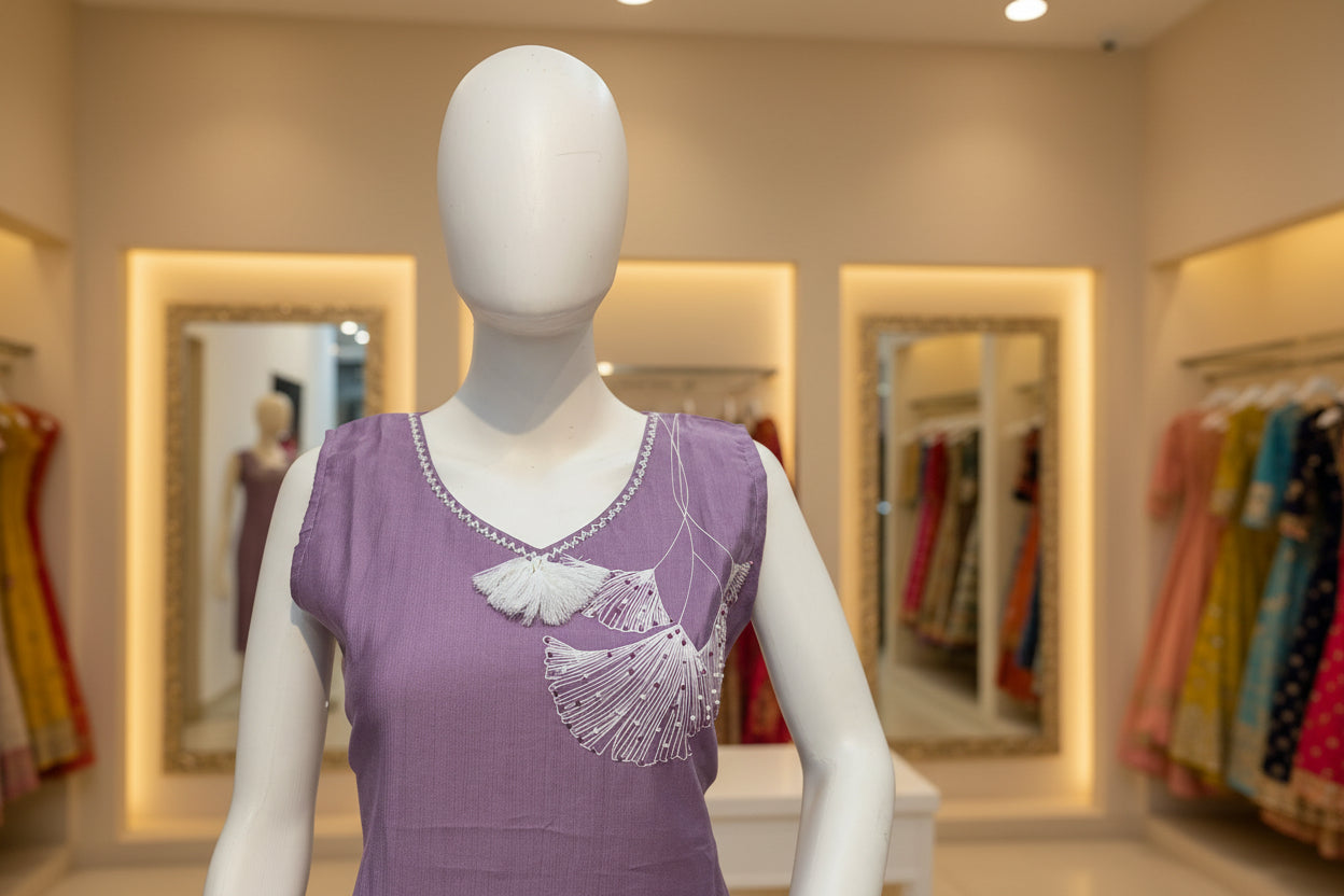 Mannequin wearing a purple dress with white embellishments in a store setting.