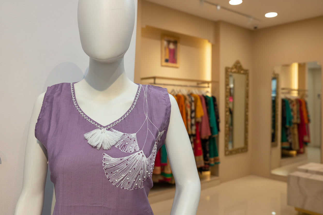 Mannequin wearing a purple dress with white embellishments in a store setting.