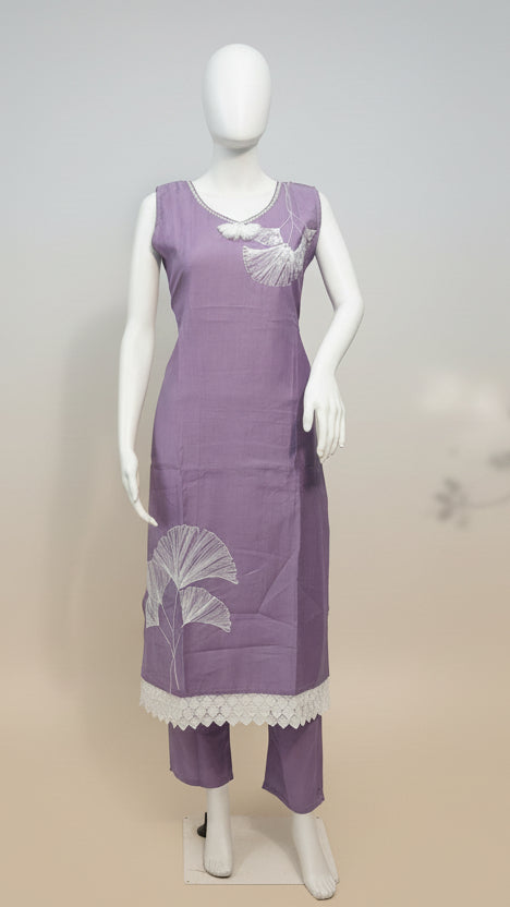 Lavender sleeveless kurti set for women displayed in an aesthetic boutique background, Indo-Western ethnic wear by Sanskriti Mumbai