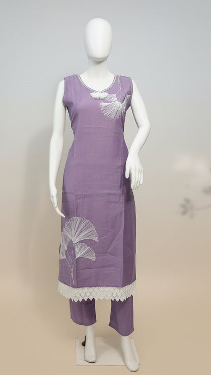 Lavender sleeveless kurti set for women displayed in an aesthetic boutique background, Indo-Western ethnic wear by Sanskriti Mumbai
