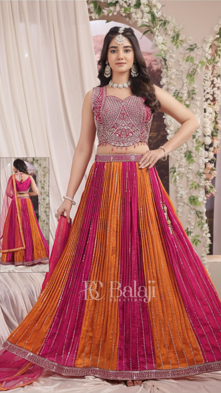 Multicolor festive lehenga skirt set with embroidered blouse and dupatta for women
