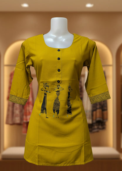 Mustard yellow cotton kurti for women with tribal print – Sanskriti Collection