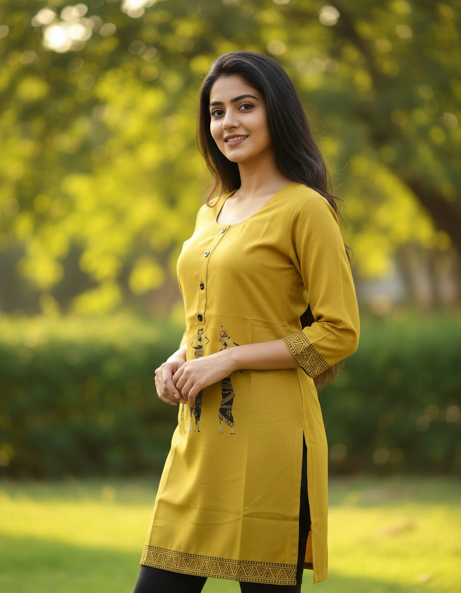 Woman wearing a yellow kurta with a blurred green background
