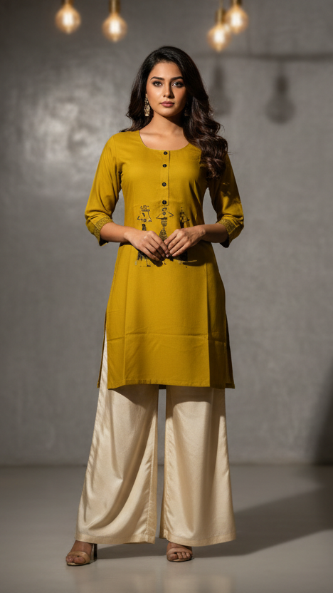 Woman wearing a yellow kurta with beige pants in a studio setting with 'Nazakat' branding.