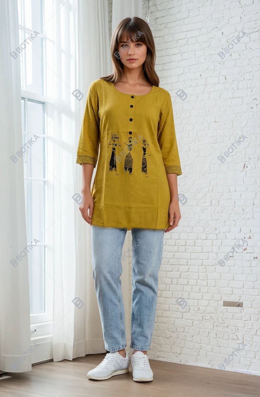 Woman wearing a mustard yellow top with black graphics and light blue jeans indoors.