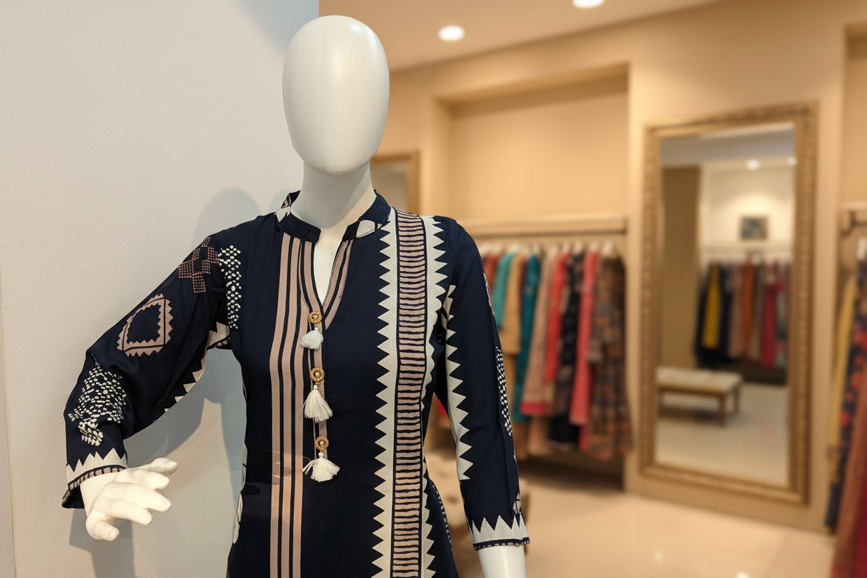 Black Printed Kurti Set with Tassel Details – Cotton Ethnic Wear for Women