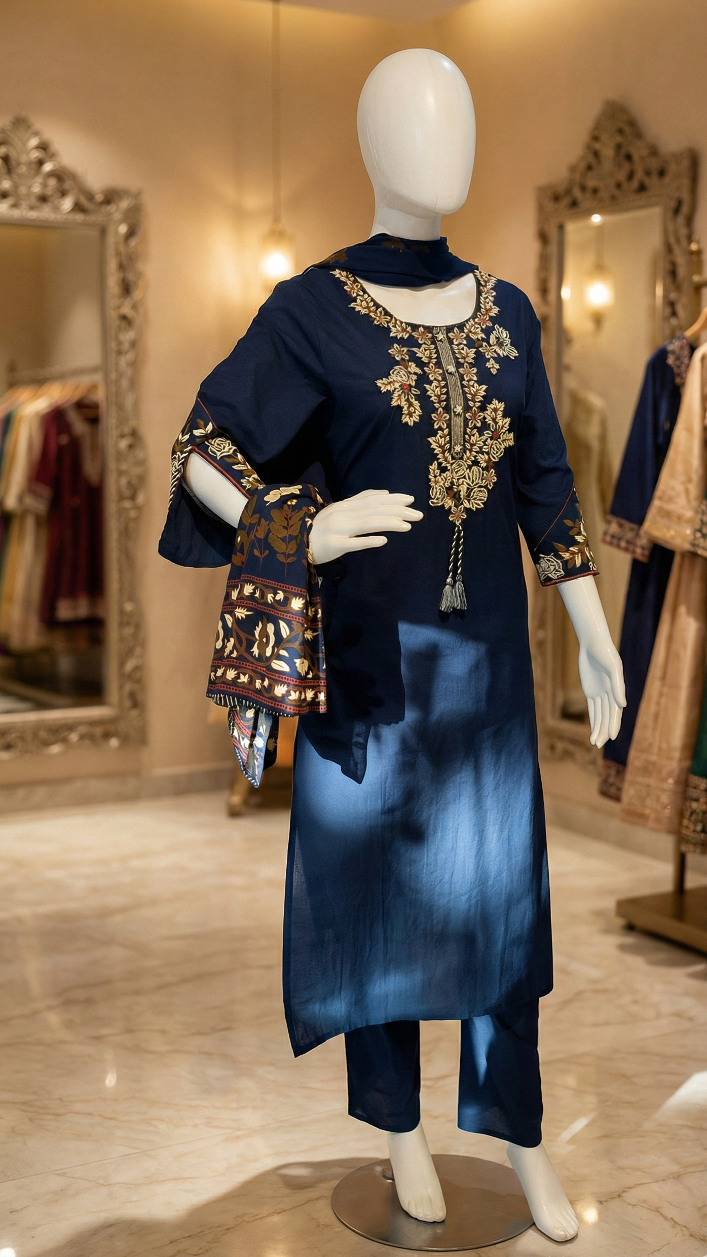 Navy blue embroidered kurti set with dupatta for women – festive ethnic wear by Sanskriti