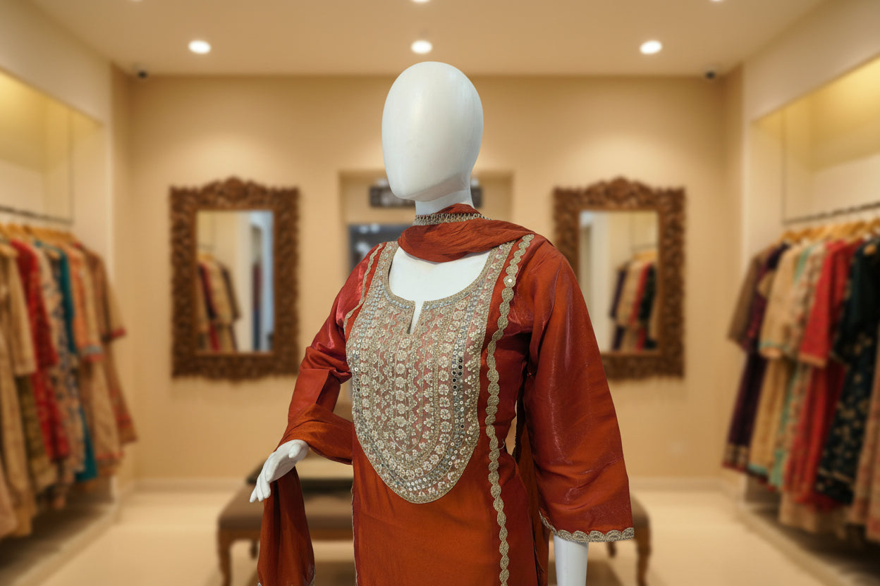 Soft cotton fabric and side fit of orange embroidered kurti set