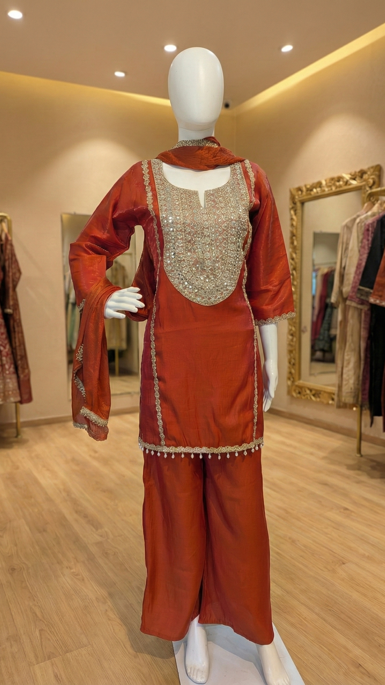 Rust orange festive kurta set with heavy mirror work yoke on mannequin.