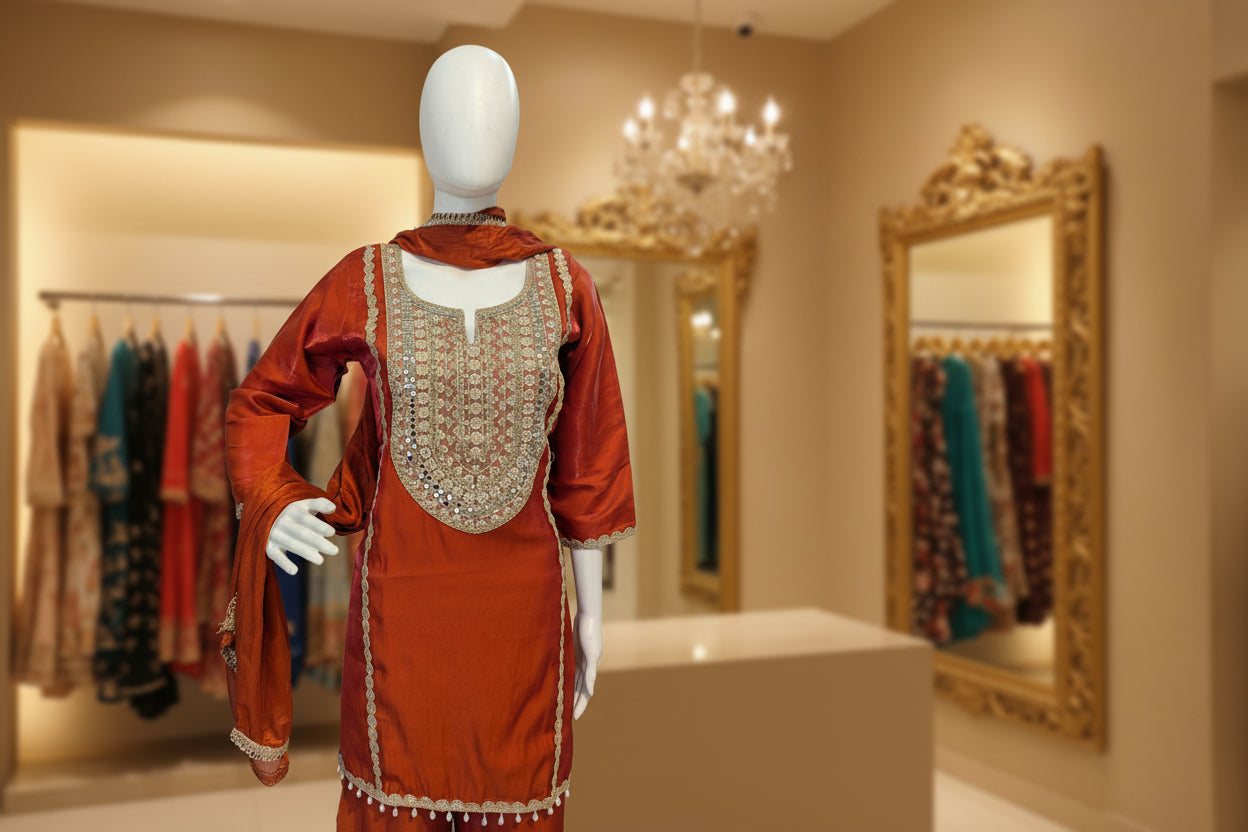 Detail shot of golden zari and mirror embroidery on orange silk fabric.