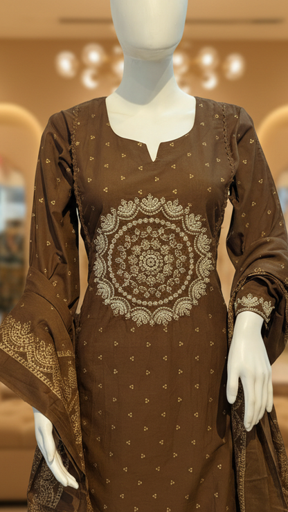 Brown Embroidered Cotton Kurti Set with Dupatta – Sanskriti