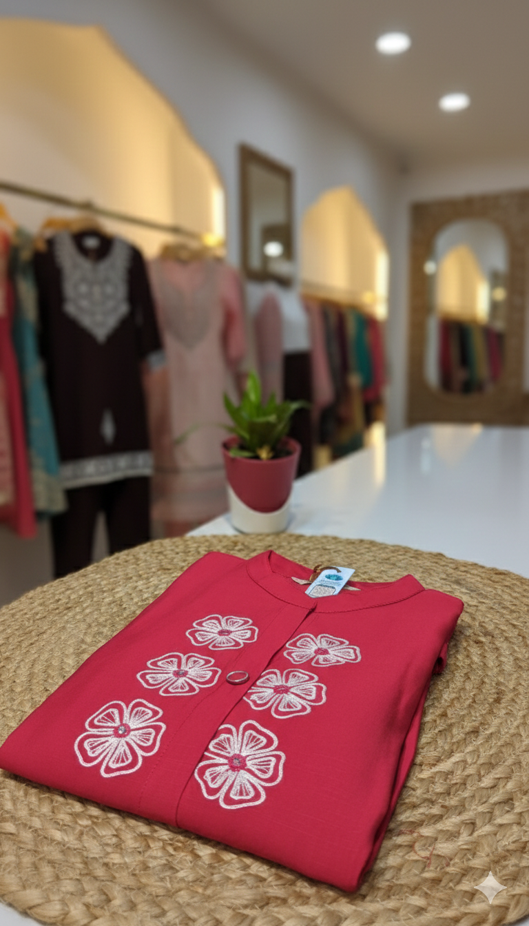 Pink embroidered kurti pant set for women folded display – Sanskriti