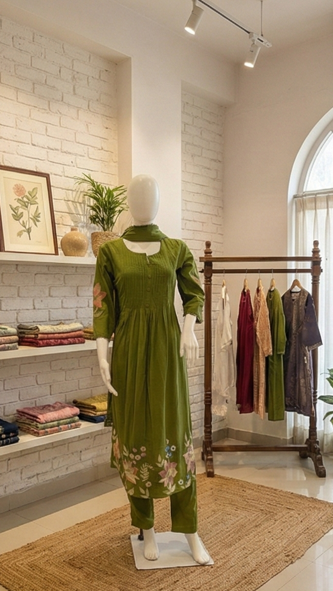 Collage of a clothing store interior with mannequins wearing traditional outfits.