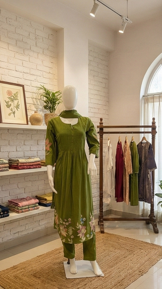 Collage of a clothing store interior with mannequins wearing traditional outfits.