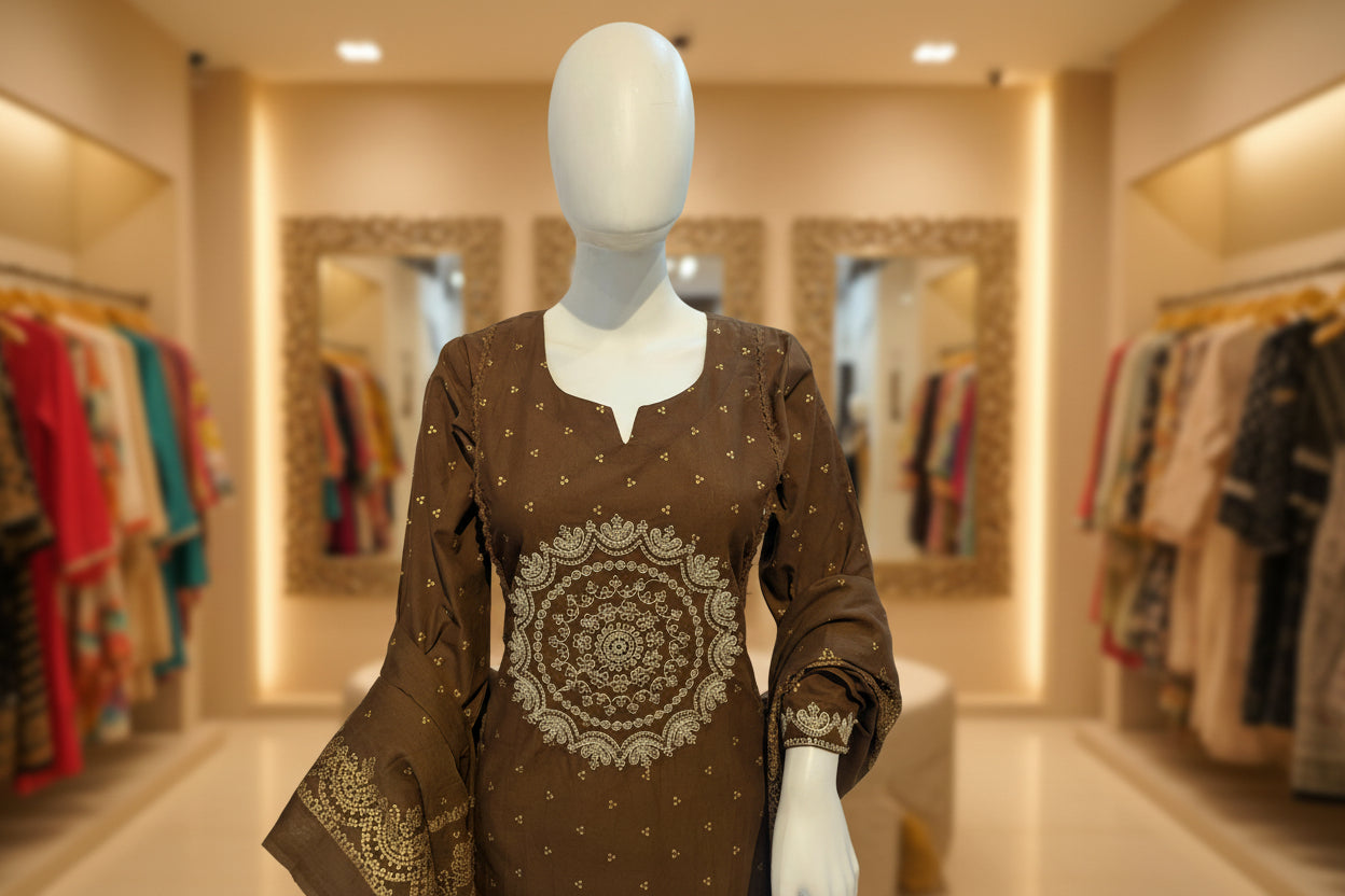 Round neck brown embroidered kurti with traditional motifs
