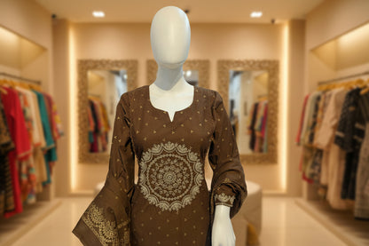 Round neck brown embroidered kurti with traditional motifs