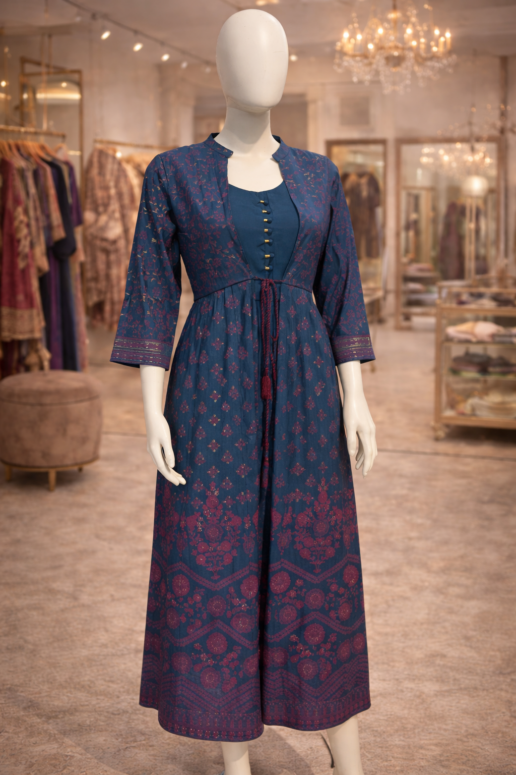 Women’s teal blue ethnic kurti with floral print and waist tie detail
