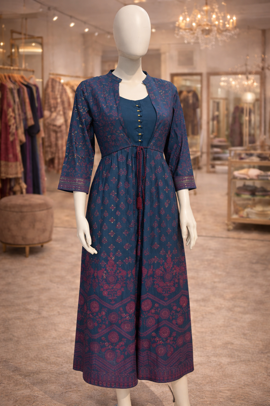 Women’s teal blue ethnic kurti with floral print and waist tie detail
