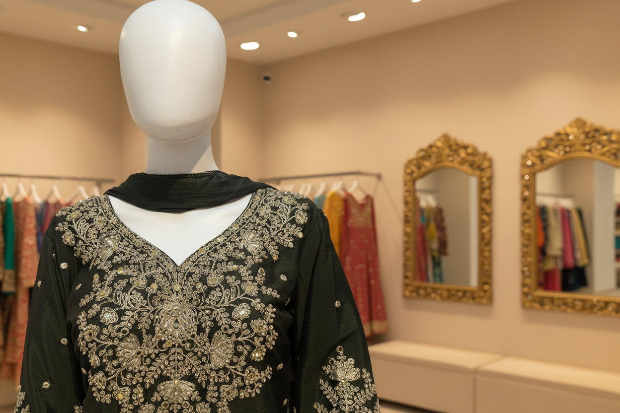 V neck embroidered kurta with zari and sequin detailing